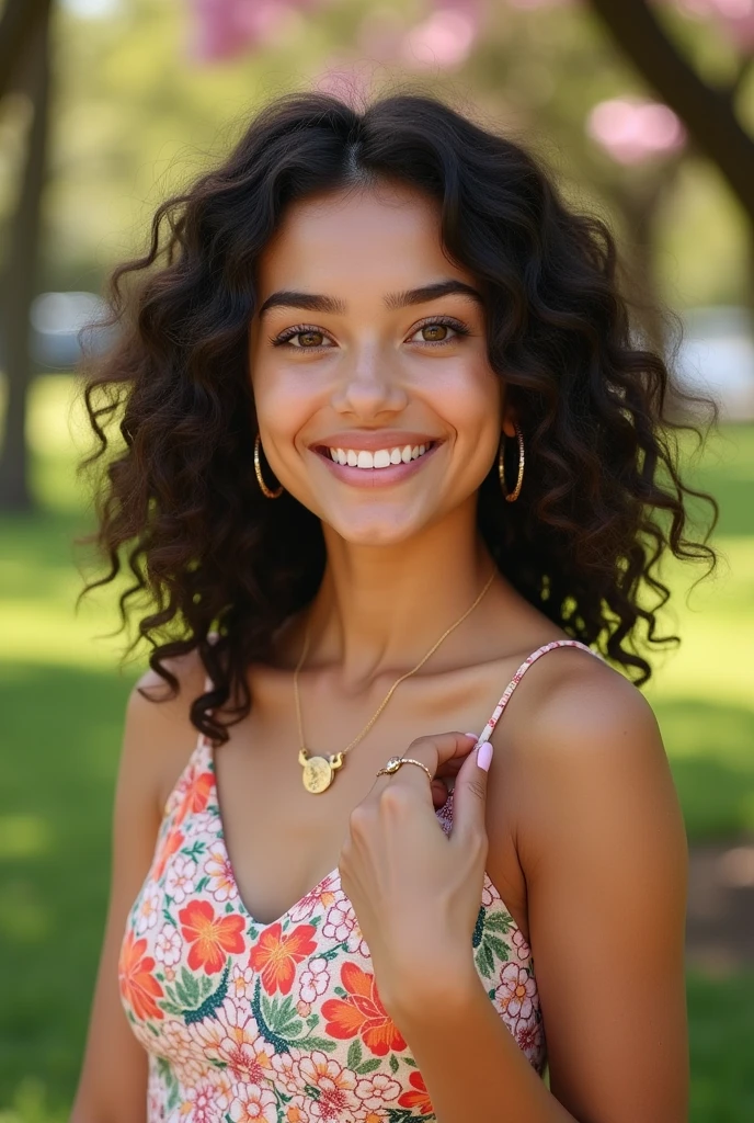 beautiful latina woman, wearing a beautiful light and colorful dress with floral patterns (20 years old, innocent face, naturally wavy hair, brown eyes), upper body selfie, masterpiece, superior quality, ultra-detail. She is facing the camera, her hair falling in natural curls around her face, framing her large brown eyes that shine with curiosity. Her smile is sweet and sincere, revealing perfect teeth. Background, a green park with flowering trees, adding a touch of freshness to the scene. The sunlight gently caresses her face, accentuating the softness of her features. The photo is taken in portrait mode, capturing every detail with exceptional clarity. She also wears delicate jewelry, like gold earrings and a thin necklace, adding a touch of elegance to her appearance. Her nails are manicured and painted in a pastel color, completing her refined look