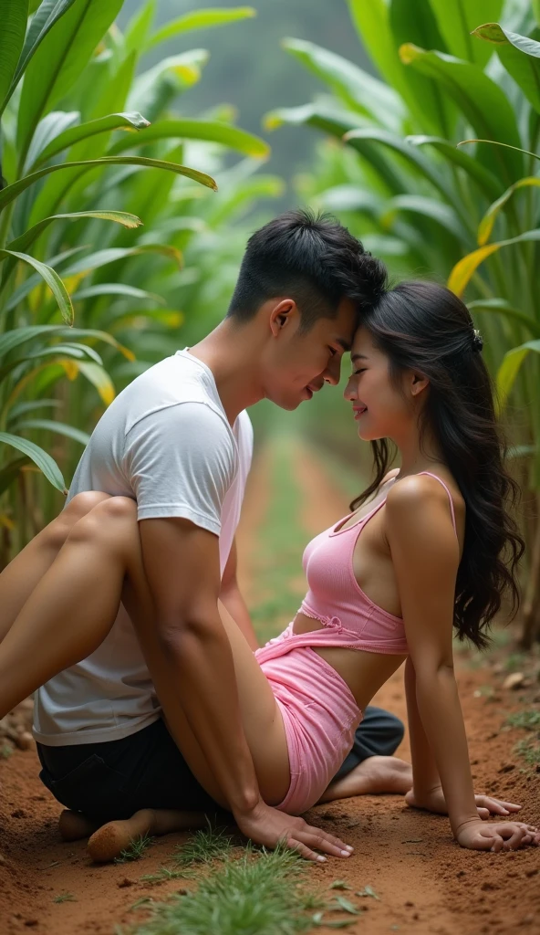 a handsome Indonesian man wearing a white t-shirt, a beautiful Korean woman wearing a torn pink tank top, they are doing leg-lifting exercises where a man lifts up a woman's legs lying on the ground in a plantation.