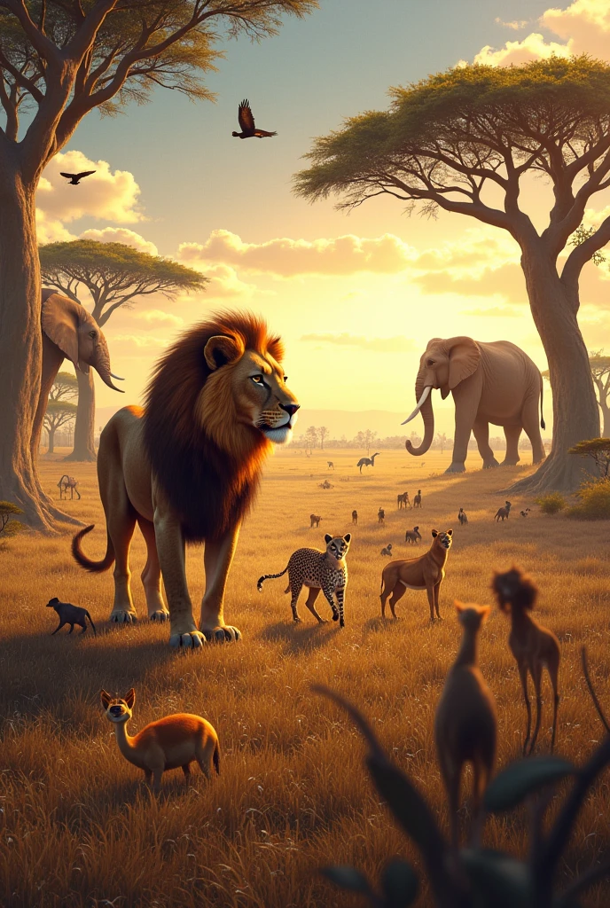 a lion, gazelle, Cheetah, Baboon, hyena, vulture, elephant, Giraffe, zebra, ostrich, antelope, African buffalo, warthog, impala, rhinoceros, wildebeest, jackal.
