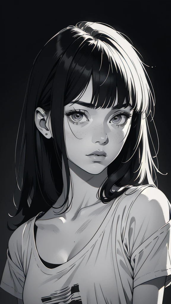 1 boyish girl, solo, sharp eyes, monochrome, greyscale, shoulder length black hair, portrait, (blank white T-shirt), Thin eyebrows, closed mouth, looking at viewer, detailed lips, hatching \(texture\), without makeup, (bangs), upper body, (best illustration), (best quality), (very detailed), (masterpiece), expressionless,