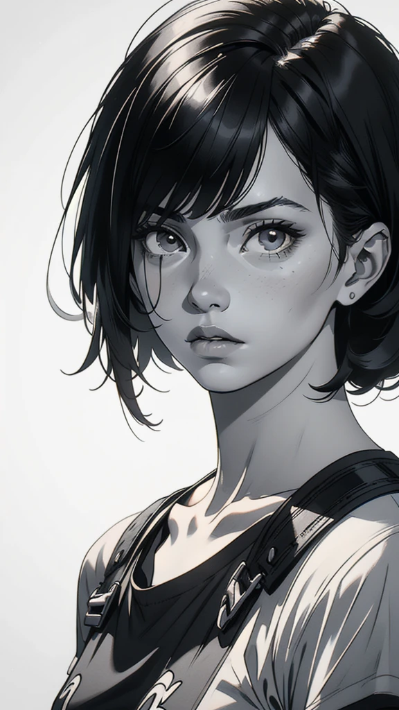 1 boyish girl, solo, sharp eyes, monochrome, greyscale, shoulder length black hair, portrait, (blank white T-shirt), Thin eyebrows, closed mouth, looking at viewer, detailed lips, hatching \(texture\), without makeup, (bangs), upper body, (best illustration), (best quality), (very detailed), (masterpiece), expressionless,