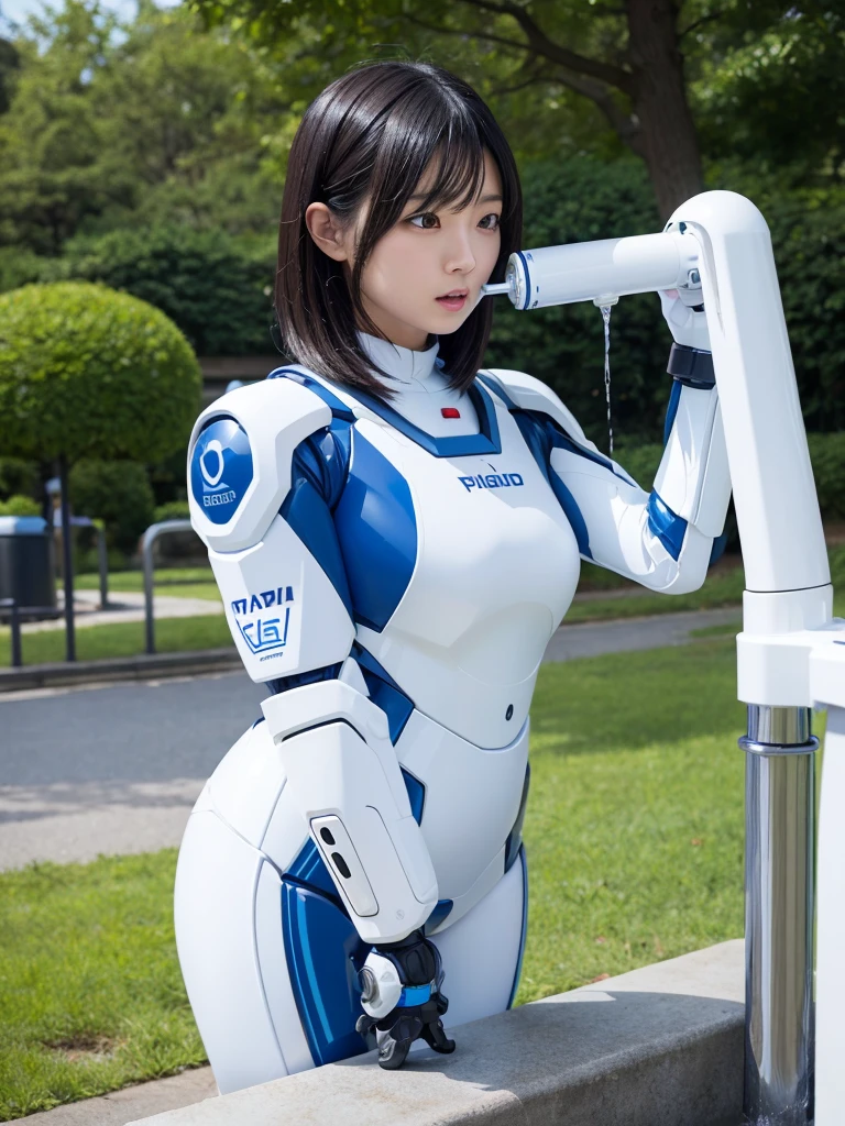 Japanese female android,Black Hair,White and blue robot suit,Plump,Drinking water from a tap in the park,