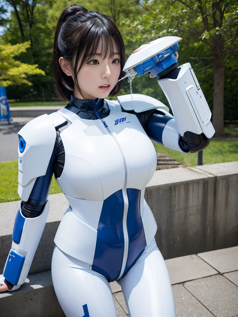 Japanese female android,Black Hair,White and blue robot suit,Plump,Drinking water from a tap in the park,