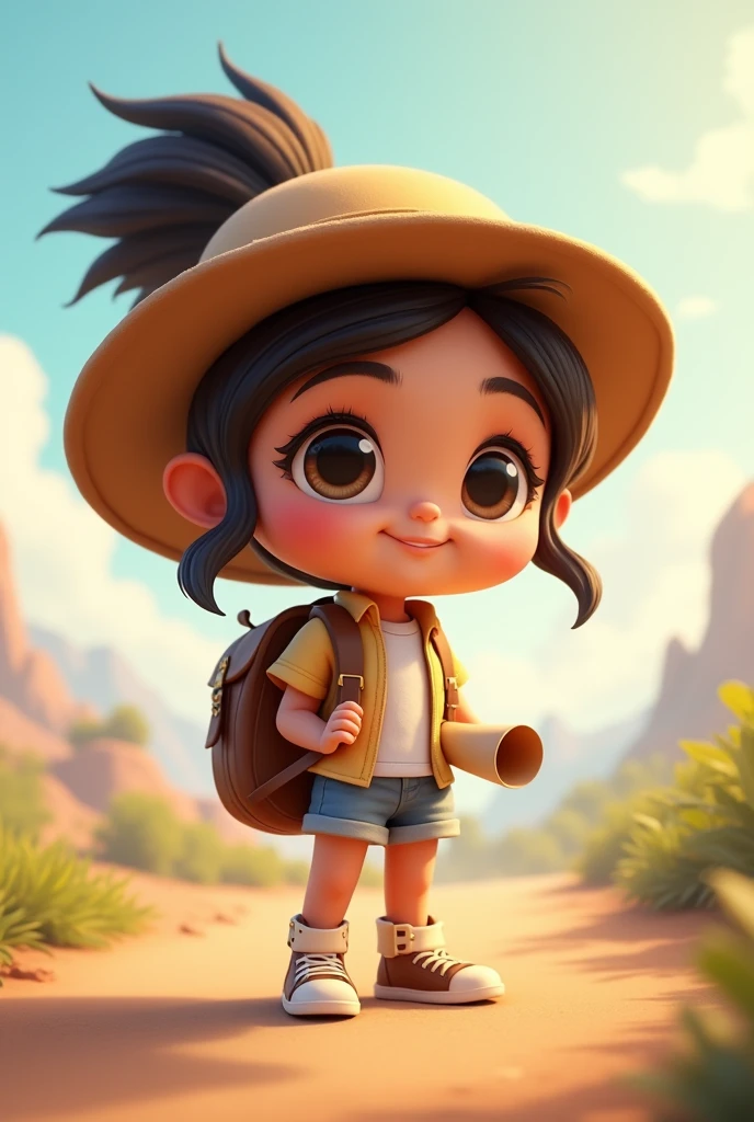 give me a chibi avatar like disney. her body is cute and elegant. she is a traveler with a simple backpack and a rolled map at the bag