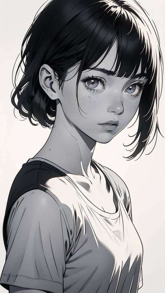 1 boyish girl, solo, sharp eyes, monochrome, greyscale, shoulder length black hair, portrait, (blank white T-shirt), Thin eyebrows, closed mouth, looking at viewer, detailed lips, hatching \(texture\), without makeup, (bangs), upper body, (best illustration), (best quality), (very detailed), (masterpiece), expressionless,