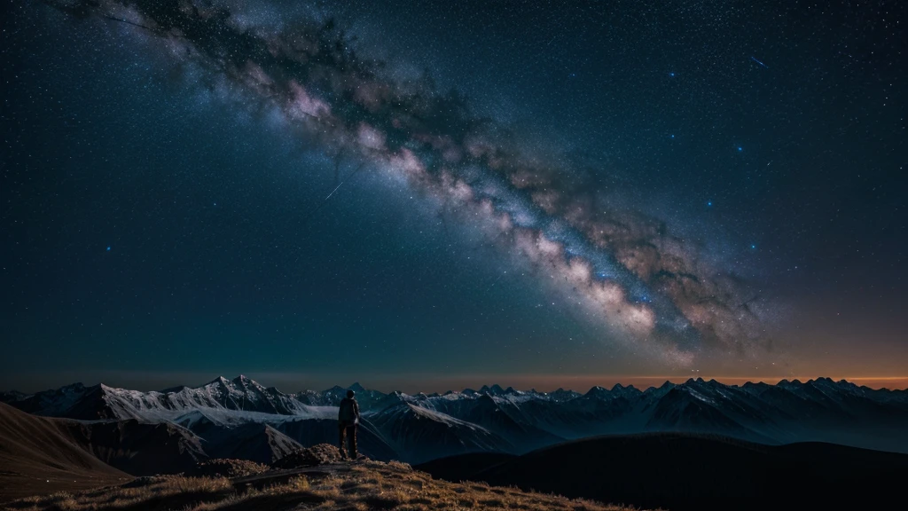 a lonely person standing, galactic landscape, unknown galactic sky, mysterious night sky, mountainous terrain, person standing extremely far from the camera, magical scene, dream, 4k resolution