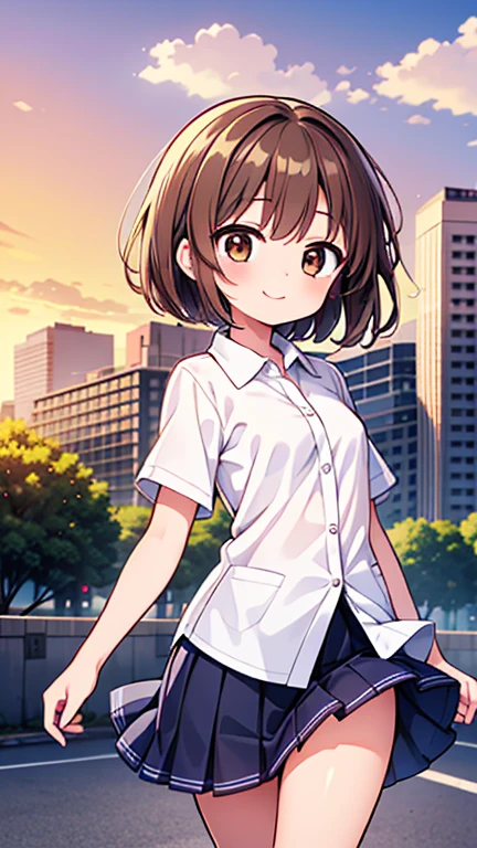 One girl、24-years-old、(Brown hair short cut)、Beautiful brown hair、Perfect Face、Shiny skin、Friendly smile、Very clear, reflective brown eyes、Slightly chubby、Small breasts、buttocks are small、A girl in a white button-down shirt and a tight skirt、Let's think step by step,Highest quality、masterpiece、 Ultra-high resolution 、8k、Show anime style 、Soft Line Art、Digital Enhancement、 shojo anime touch, shojo manga core, Flowing fabric、Soft Drawing、 Ultra-Definition Digital Anime Art、 Clear facial depiction、Super detailed girl cartoon character art、 Ultra-detailed manga style、 Highest qualityの色、Walking around the city、Front shot、Clouds in the sky、Warm and soft sunset、A pleasant breeze blows、Beautiful hair blowing in the wind