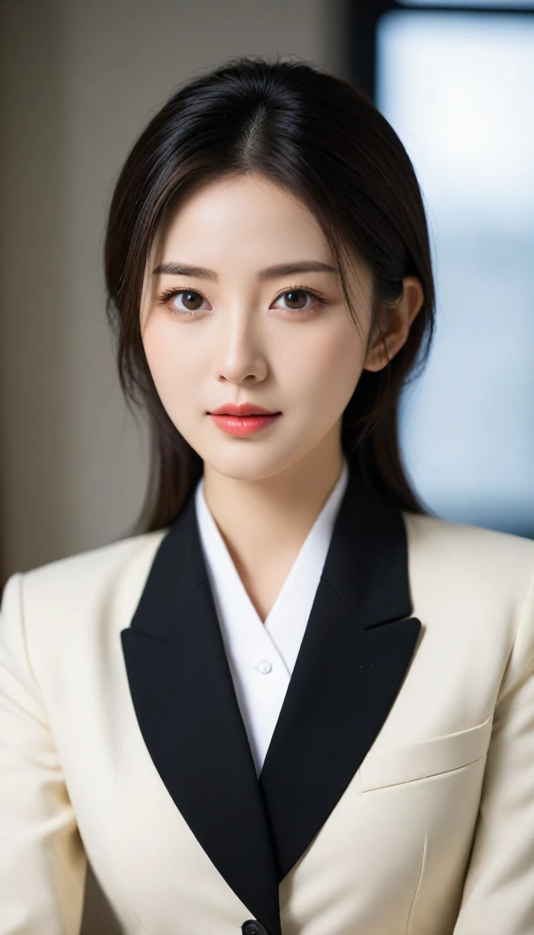 8k, ultra high resolution, best quality, masterpiece, 三分割法によるpicture,surreal, picture, 1 girl,LD:1.3), Pretty Woman, Cute face, Beautiful Eyes in Every Detail, 細かくdetailedに,masterpiece,one girl:1.2, Japanese female announcer,tabletop,glaring,black hair,hair pulled back,Blazer Uniform,White collar blouse,The buttons on the chest are open..,sharp focus、Complete dynamic configuration、Beautiful and detailed、thin hair、Detailed, real skin texture、laugh、클로즈업 portrait、model body type,Looking at the audience、beauty,long neck、(((ideal body type))), one cup :2,、portrait:2、complete anatomy、なdetailed、detailed、surreal、light and shadow,strong light