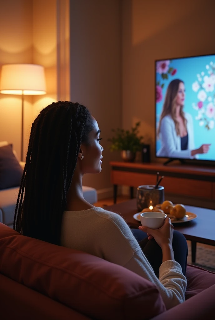  "Create a luxurious scene featuring the na
Back view of a happy relaxed beautiful biracial woman with long braided hair, in a boho chic Nordic living room during movie night watching  sleek 100-inch TV mounted on the wall, playing an episode of 'Emily in Paris.' The room is tastefully decorated with plush furniture, elegant lighting, and artistic decor that exudes sophistication. The woman is seated comfortably, possibly on a velvet sofa, with a a stylish cup of coffee , She is dressed in chic, swear pants comfort. The atmosphere should radiate warmth, style, and a sense of relaxation, showcasing the perfect blend of luxury living and indulgent entertainment."