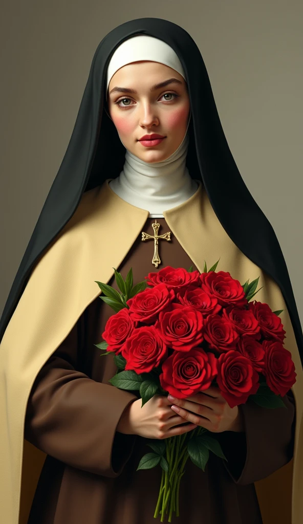 Generates an image of Saint Therese, dressed in a brown habit, black veil, a light yellow cloak over the habit, a religious nun, holding a bouquet of roses vermelhas and a crucifix. she is portrayed with a contemplative expression, reflecting his deep spirituality and communion with God, she has on average 24