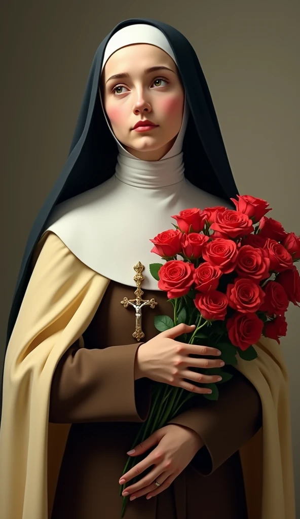 Generates an image of Saint Therese, dressed in a brown habit, black veil, a light yellow cloak over the habit, a religious nun, holding a bouquet of roses vermelhas and a crucifix. she is portrayed with a contemplative expression, reflecting his deep spirituality and communion with God, she has on average 24