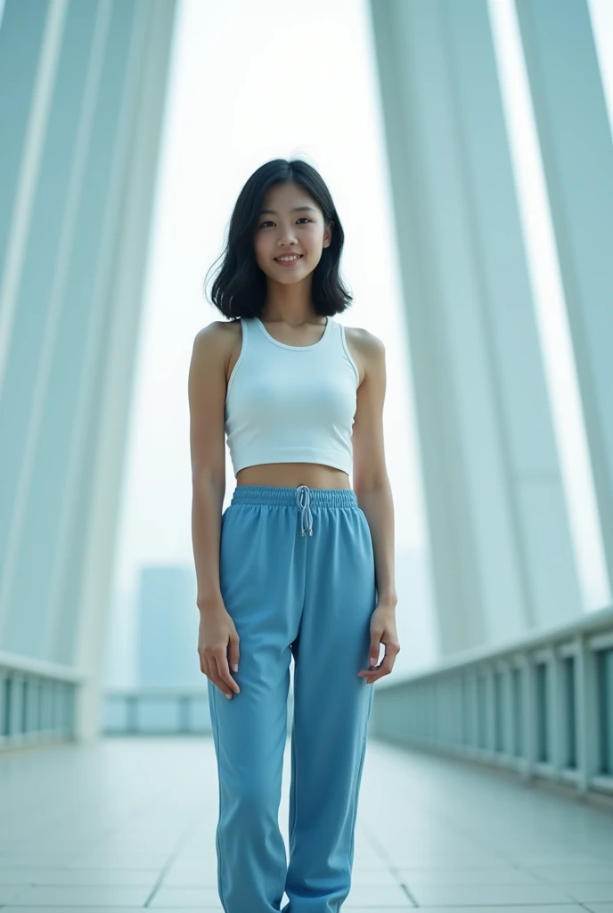 Wearing blue yoga pants,Black short-haired girl in white sports vest,Standing in the center of Guangzhou Tower with a relaxed smile and natural body,Minimalist image style for portrait photography,Soft lighting,Cinematic shadows,Front view,Full body composition,Wear a pair of white sneakers on your feet,必须是Full body composition,Place your hands naturally at your sides,Proportion