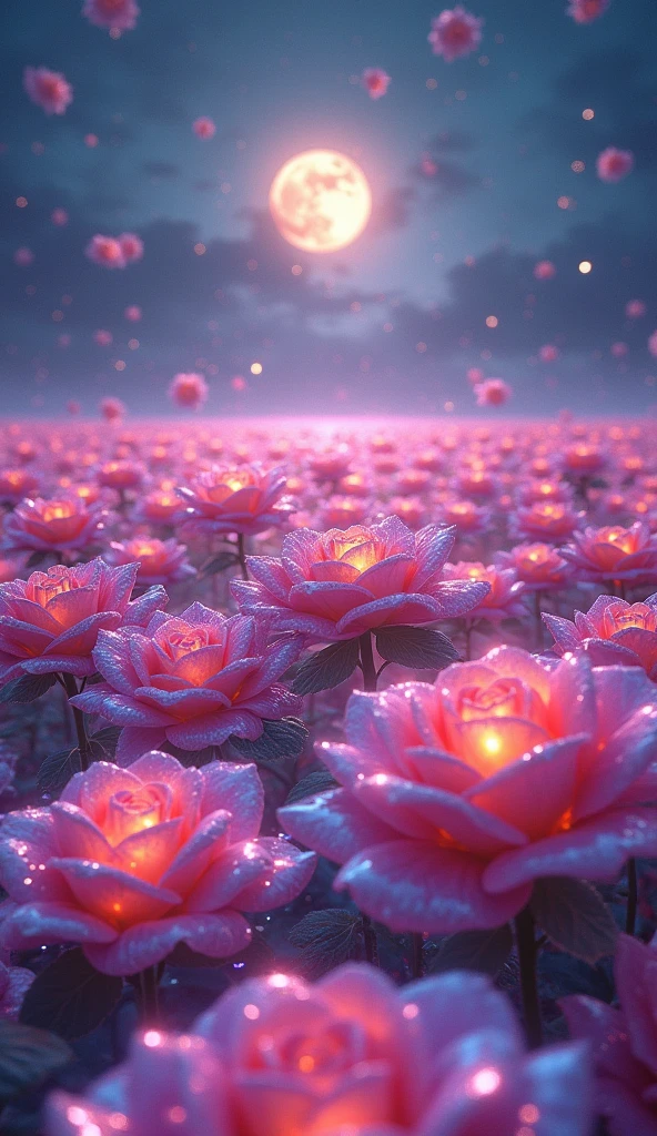 A sea of radiant roses，Petals in rainbow colors,Radiating the light of the sun and moon，Crystal material