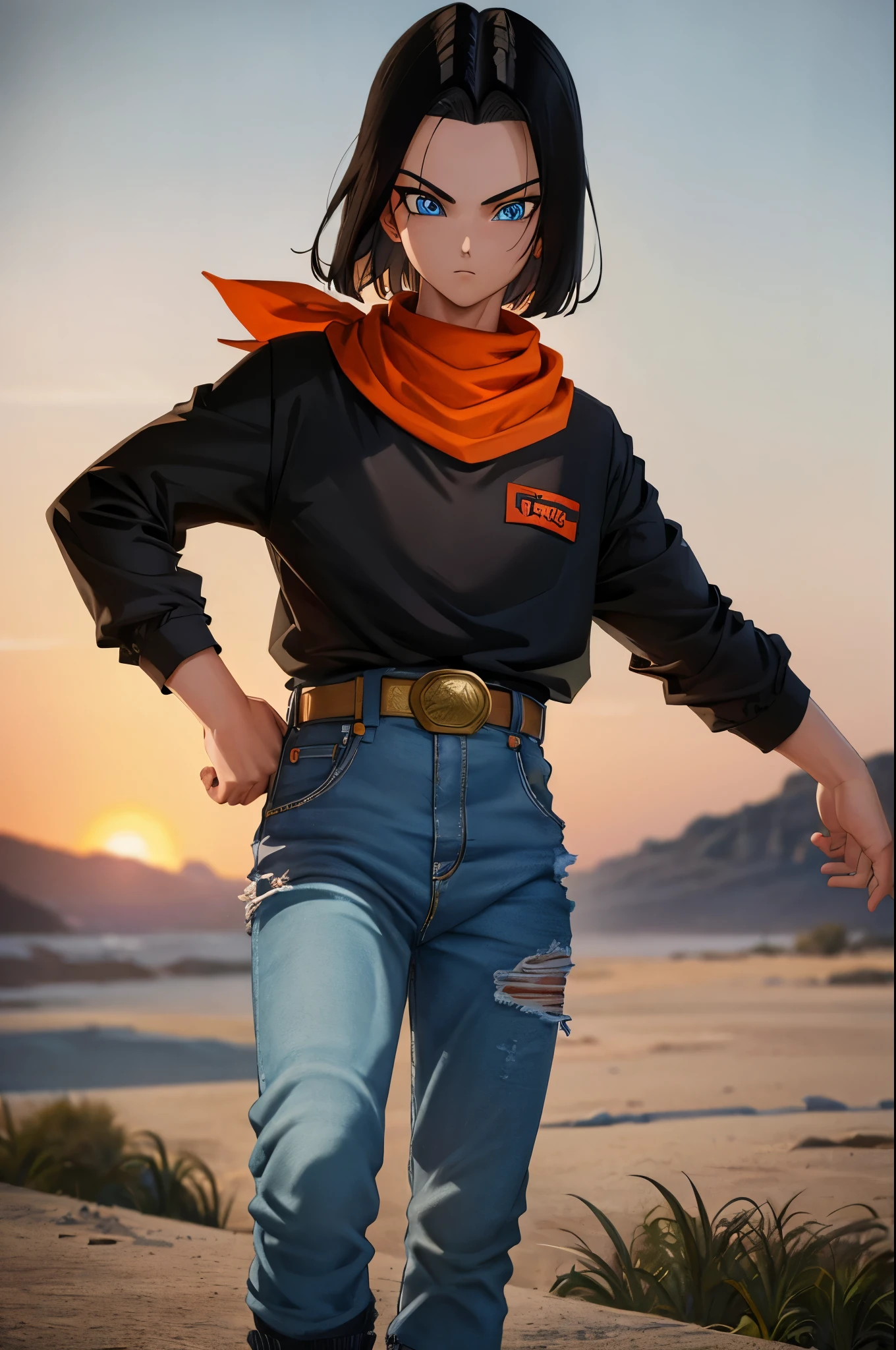 A masterpiece, best quality, detailed and expressive eyes, perfect facial features, high resolution, 1 boy, alone, android 17-inspired boy, (male body:1.3), blue eyes, black hair, parted hair, short hair, black shirt, jeans, layered shirt, white sleeves, orange bandana, blue sneakers, green socks, brown belt, red freckles, outdoor, landscape, standing, portrait, looking at viewer