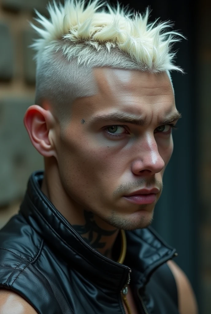 20-year-old man with white hair, Two blocks of haircut, dirty, wet, Obscene set, Provocative image, perfect face, Tall and strong, 8k quality, Ridiculous details and texture qualities,