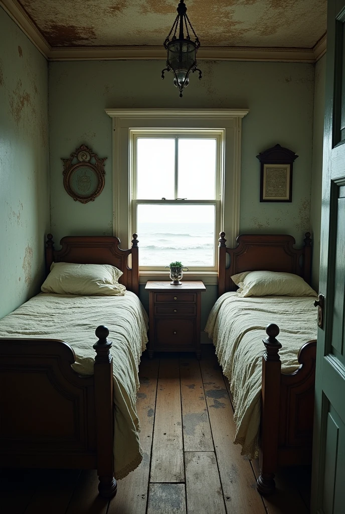 Old small poor Victorian seaside house bedroom interior..with two large bed in small enough room