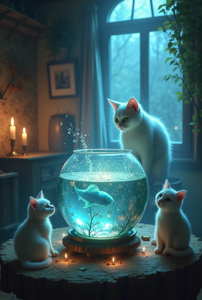 The Enchanted Fish: A magical fish bowl in the house holds a secret that the ghost cat believes will end his hunger. The new cats must navigate the enchantments and discover what the ghost truly seeks.