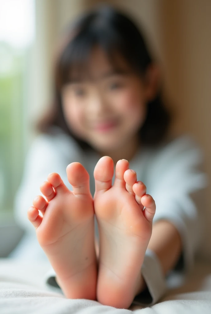 Japanese girl, showing soles of feet,((5 toed feet)),high resolution,cum on feet,smiling