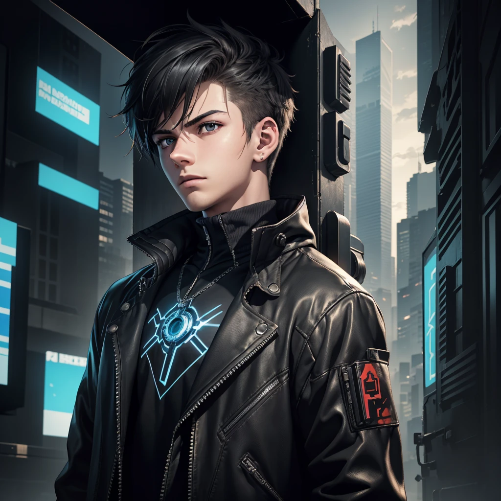 masterpiece, best quality), (Complex lighting), 1 boy,Handsome, Solitary, , black eyes, Cold and expressionless, Against the wall,Cyberpunk city background,anime boy,Panoramic view