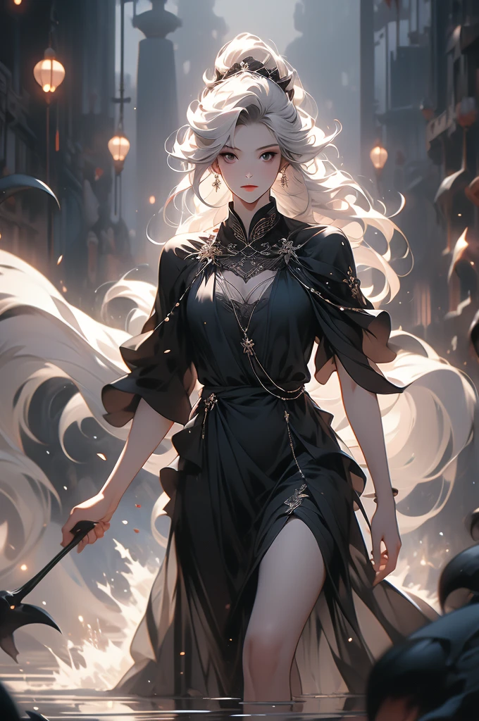 1 girl, black dress, black skin, abyss, darkness, walking, graceful, white hair