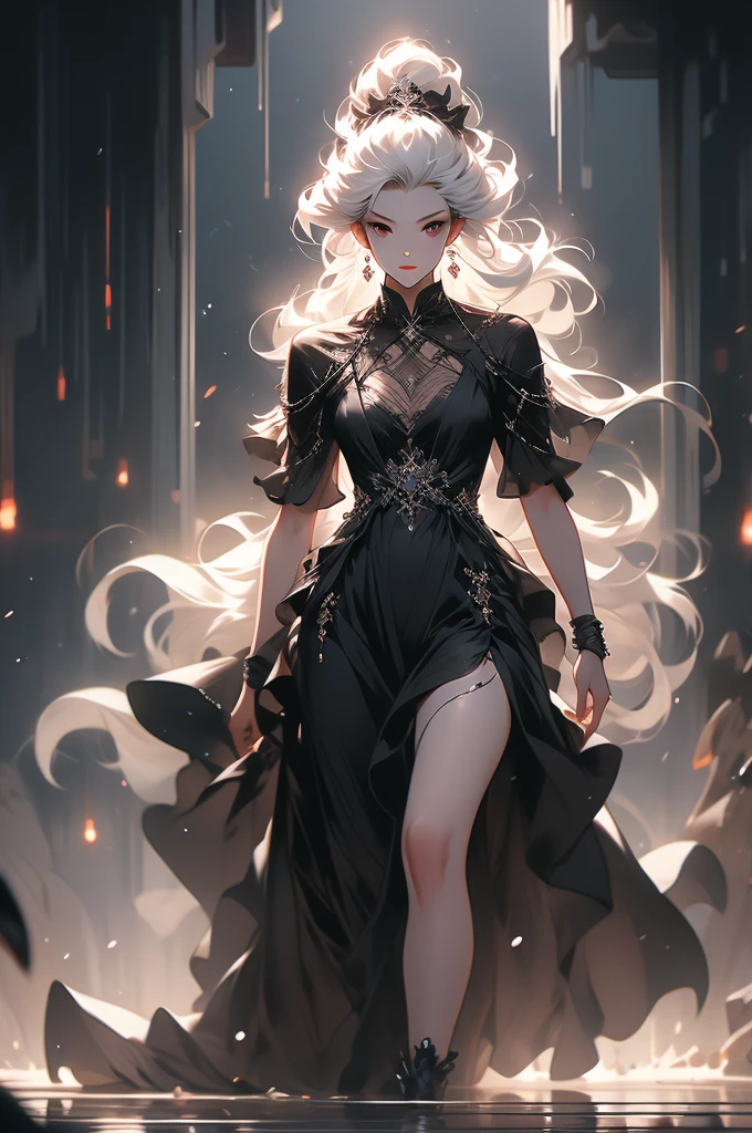 1 girl, black dress, black skin, abyss, darkness, walking, graceful, white hair