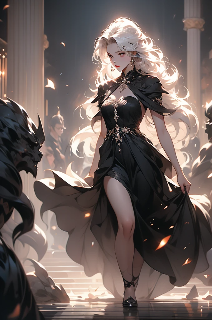 1 girl, black dress, black skin, abyss, darkness, walking, graceful, white hair