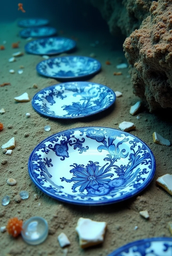 Blue and white porcelain plates buried in the seabed mud,shattered,Pottery fragments scattered and irregular,Exposed part of the soil,Silt Cover,Surrounded by fish, shrimp and crab,Coral Reef,Lots of details,Professional photos, best quality,Sleeping Photography Master,masterpiece