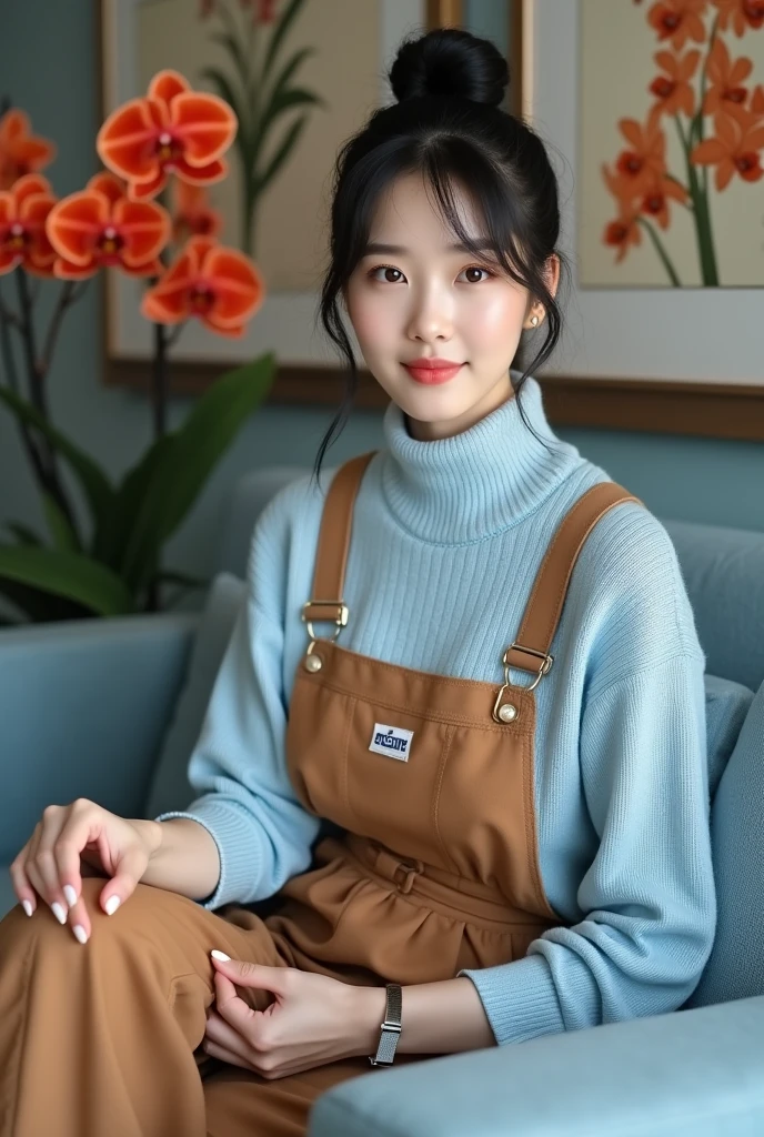 Beautiful Korean Women , smooth white skin, well-groomed face,black hair, bun up Korean style,knitted clothes ((saints logo)) light blue, wearing brown jumpsuit pants,wristwatch. sitting pose.eyes looking at camera,smiled faintly,on the table there is an iPhone laptop ,sitting on a very luxurious sofa,di ruangan mewah  Warna light blue , Background, there are beautiful flower paintings and orange red orchids. 