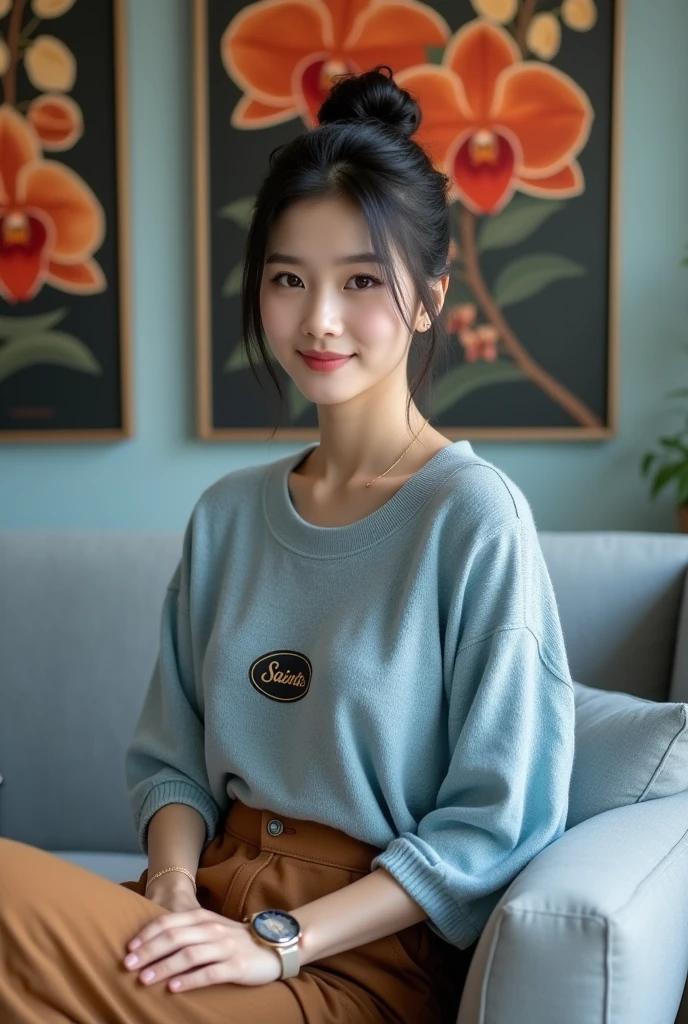 Beautiful Korean Women , smooth white skin, well-groomed face,black hair, bun up Korean style,knitted clothes ((saints logo)) light blue, wearing brown jumpsuit pants,wristwatch. sitting pose.eyes looking at camera,smiled faintly,on the table there is an iPhone laptop ,sitting on a very luxurious sofa,di ruangan mewah  Warna light blue , Background, there are beautiful flower paintings and orange red orchids. 