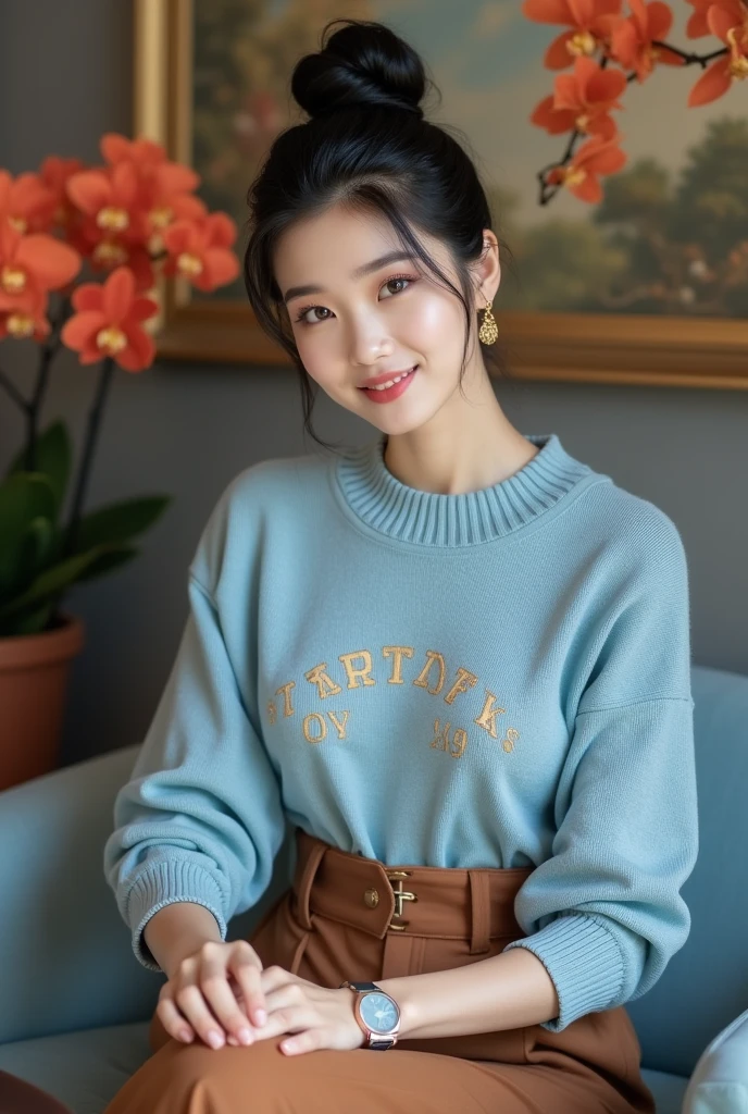 Beautiful Korean Women , smooth white skin, well-groomed face,black hair, bun up Korean style,knitted clothes ((saints logo)) light blue, wearing brown jumpsuit pants,wristwatch. sitting pose.eyes looking at camera,smiled faintly,on the table there is an iPhone laptop ,sitting on a very luxurious sofa,di ruangan mewah Warna light blue , Background, there are beautiful flower paintings and orange red orchids.