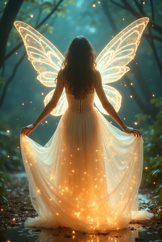 Transformation into a Fairy:
Scene Description: Nandini, in her everyday clothes, is magically transforming into a beautiful fairy with a radiant, sparkling gown.
Details to Include: Nandini surrounded by a swirl of magical light, her ordinary clothes changing into a fairy’s gown, and wings starting to appear.