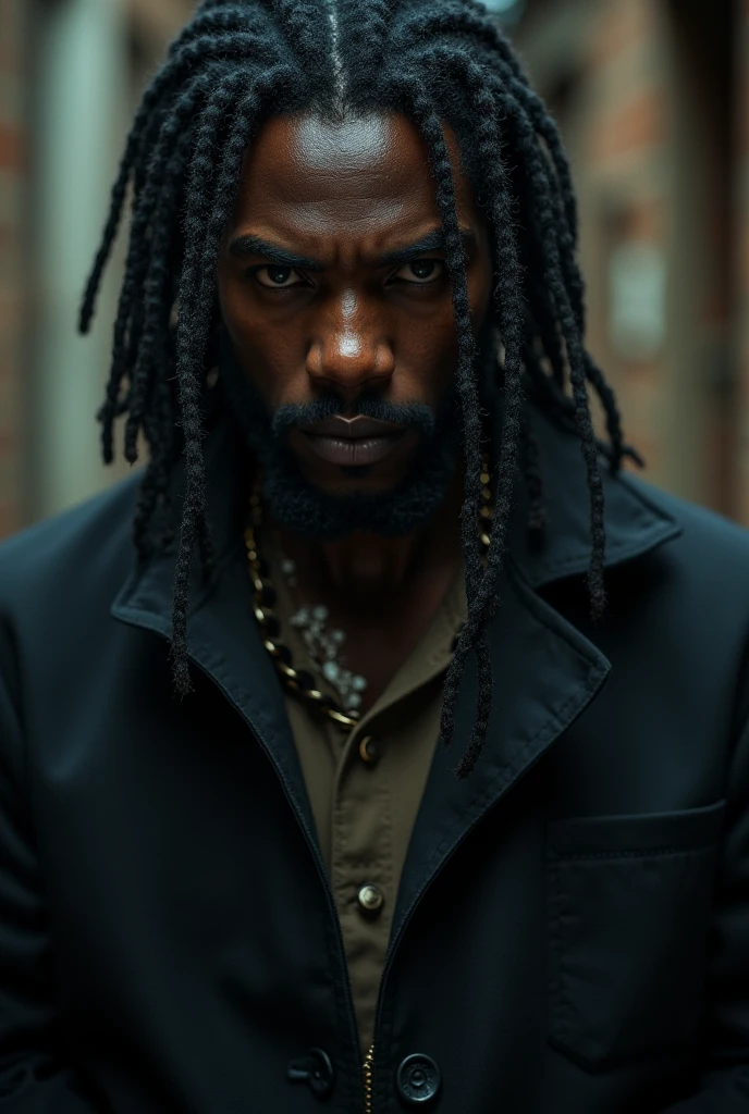 A handsome young man, dark skin, black hair with dreadlocks , British, gangster, drug dealer,