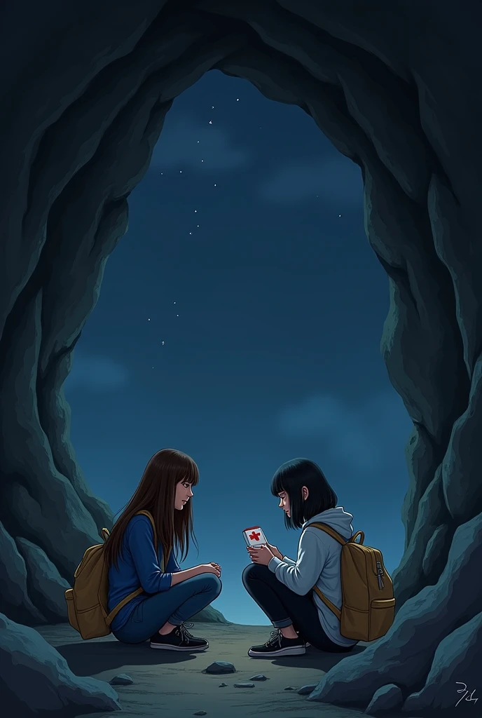 2 girls, one have long brown hair wearing blue shirt and jeans, other one have short black hair wearing white hoodie and black jean. both wearing black sneakers and carrying light brown backpack. Holding med kit, sitting down. Inside a cave, dark, night time. 2D semi realistic art style.