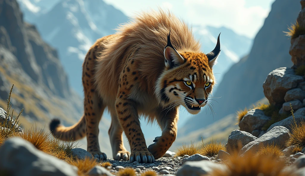 There is a wild beast on the mountain，Like a bobcat，Human hair on head（best quality，4K，8k，High level，masterpiece：1.2），Ultra Detailed，（lifelike，Photo real，Photo real：1.37）