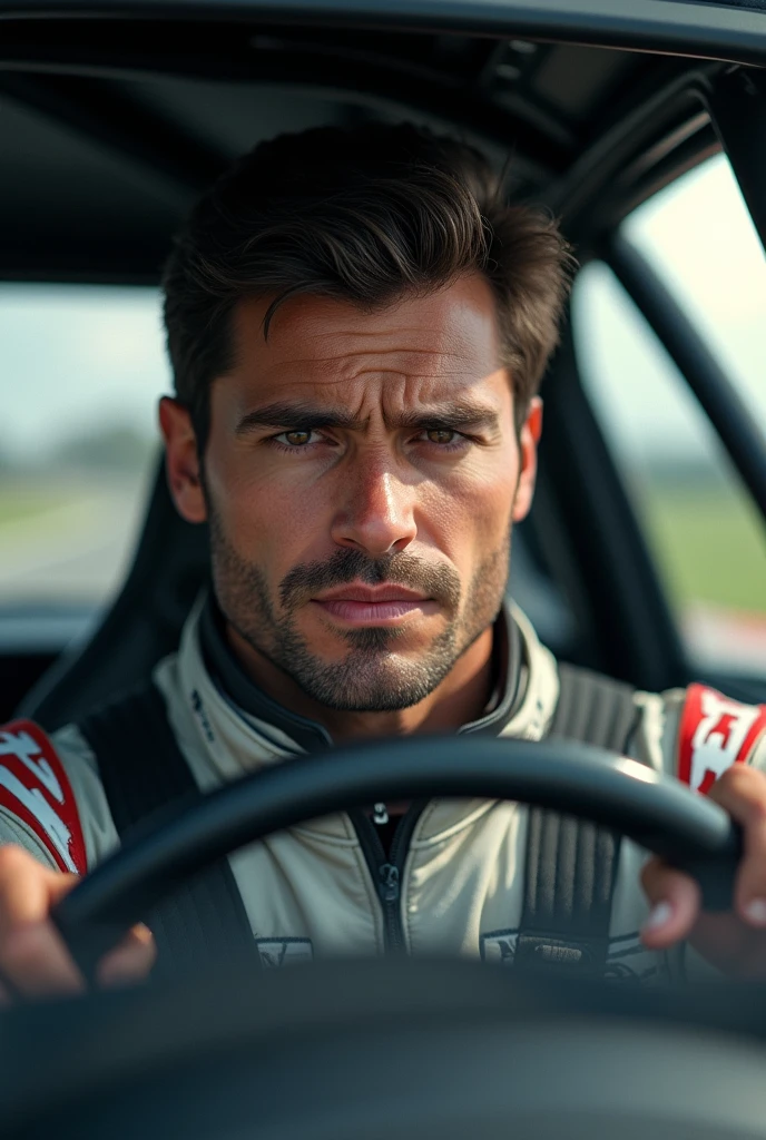 (Photorealism:1.1) a man dark brown hair and brown eye pilot porsche Cup 8k ultra realistic ultra detailed as real as possible