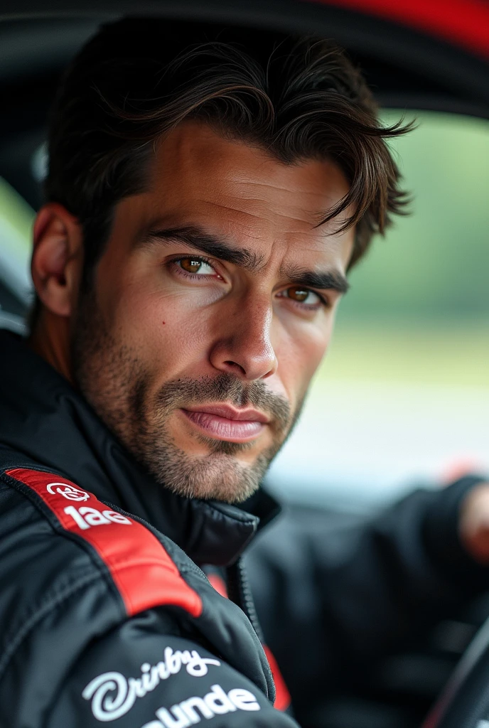 (Photorealism:1.1) a man dark brown hair and brown eye pilot porsche Cup 8k ultra realistic ultra detailed as real as possible 