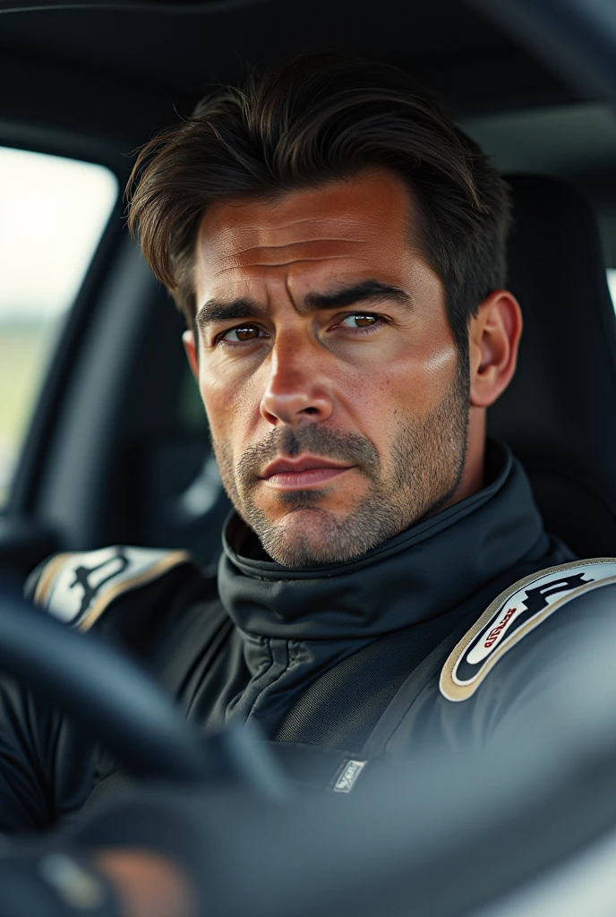(Photorealism:1.1) a man dark brown hair and brown eye pilot porsche Cup 8k ultra realistic ultra detailed as real as possible 
