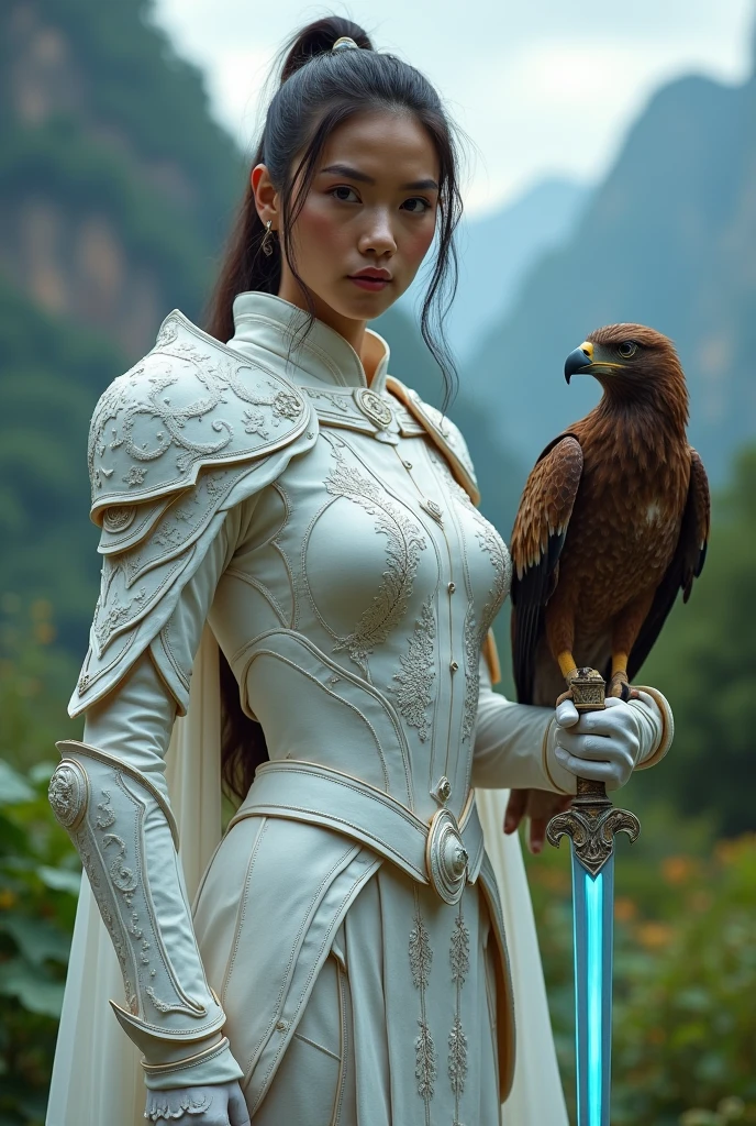 White lady Warrior suit with itak of fairy of air, together with a Philippine eagle