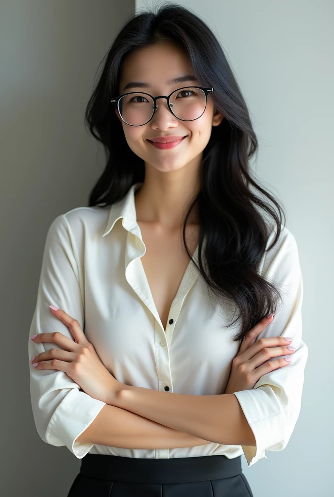 "Create an image of an 1 Asian woman, a teacher wearing glasses, with a cute face smiling. The image should be full-body, slightly revealing, youthful, and realistic."