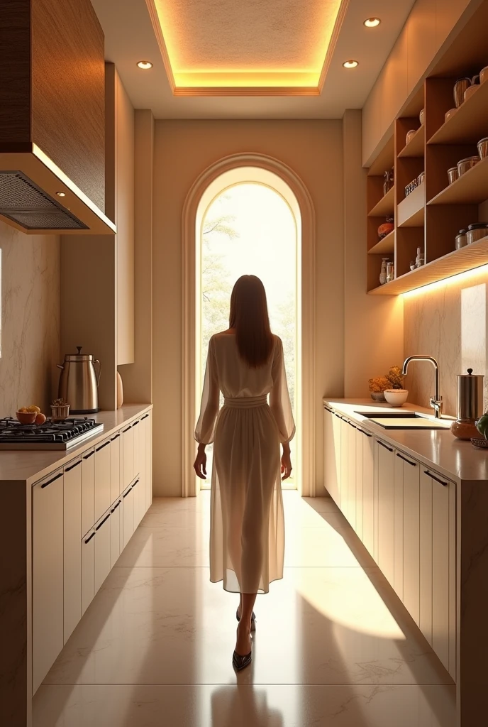 there is a blurry image of a very realistic woman in realistic size walking in a kitchen, a digital rendering, light and space, inspired by Giorgio Giulio Clovio, doors that are cosmic portals, luxury bespoke kitchen design, apartment design, lumion rendering, elegant futuristic wardrobe