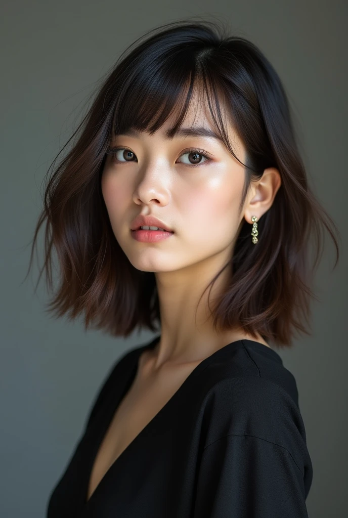 Take a photo of a girl where her haircut looks good., The cut is in two layers, the bottom layer is up to the shoulders or below the chin and the top layer is long.