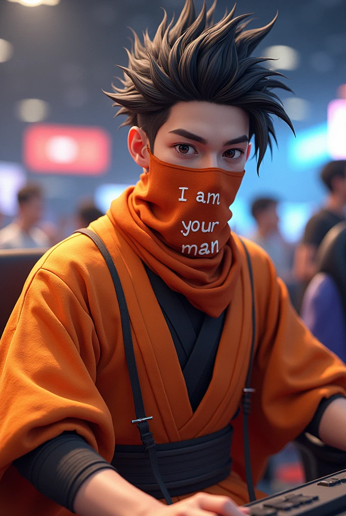 A short game commentator.「sky」A man wearing a cloth with the words "I am your man" written on it。The clothes that hide the face are traditional Japanese clothing, orange, and black undergarments.。Moe sleeves。Hairstyle: Mash