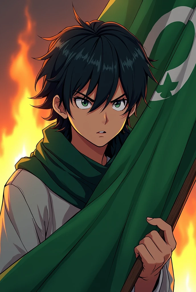 A anime boy. He is also (muslim). His face was turned to the left and he was giving a killer look. His hair  wase  long and was touching his face. (He was holding a big Islamic green flag in one hand ) and the ending point of that flag was on the right. The boy looked very angry, there was a spark of fire in his backgrounds. her face is covered with a scarf.