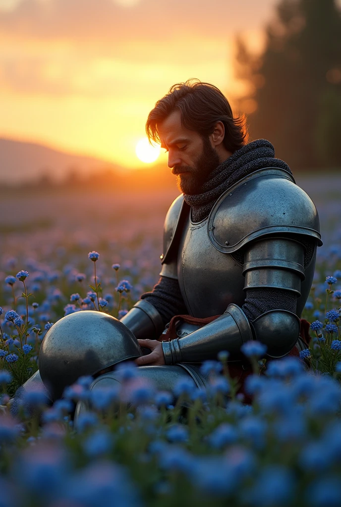 A knight lies among the forget-me-not flowers field. He is tired because of the battle but he is the winner and he feels peacefully. He has helmet and he feel relaxed. The sun sets behind him