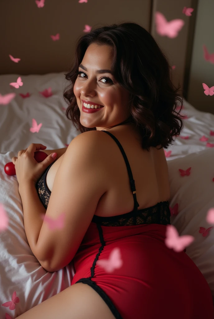 A beautiful woman lies on a bed, she is surrounded by pink butterflies, Below, CHUBBY, bbw, mature, eyes looks in the camera, Vibrator, orgasm, smiling, short hair, BBW, big butt, red slip with black points, from behind, big  ass
