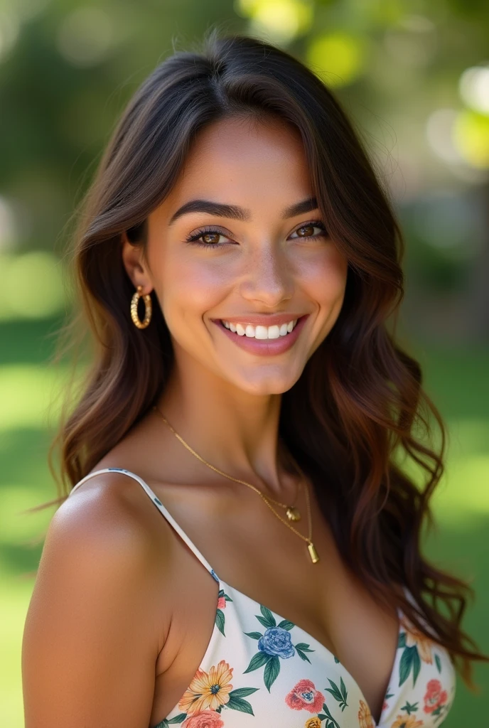 Beautiful Latin Woman, wearing a beautiful light and colorful dress with floral prints (20 years, innocent face, Naturally wavy hair, Brown eyes), Upper body selfie, masterpiece, top quality, ultradetalle.  HE IS IN FRONT OF THE CAMERA, Her hair falls in natural curls around her face, enmarcando sus grandes Brown eyes que brillan con curiosidad.  Her smile is sweet and sincere, revealing perfect teeth.  At the bottom, a green park with flowering trees, adding a touch of freshness to the scene.  The sunlight gently caresses your face, accentuating the softness of her features.  The photo is taken in portrait mode, capturing every detail with exceptional clarity.  She also wears delicate jewelry., like gold earrings and a fine necklace, adding a touch of elegance to your look.  Her nails are manicured and painted a pastel color., completing its refined look.