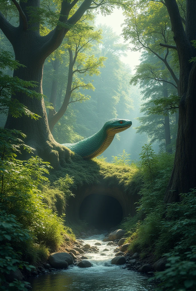 That big snake changes his body to like snall snake and entered a hole in the middle of the forest beaides th river