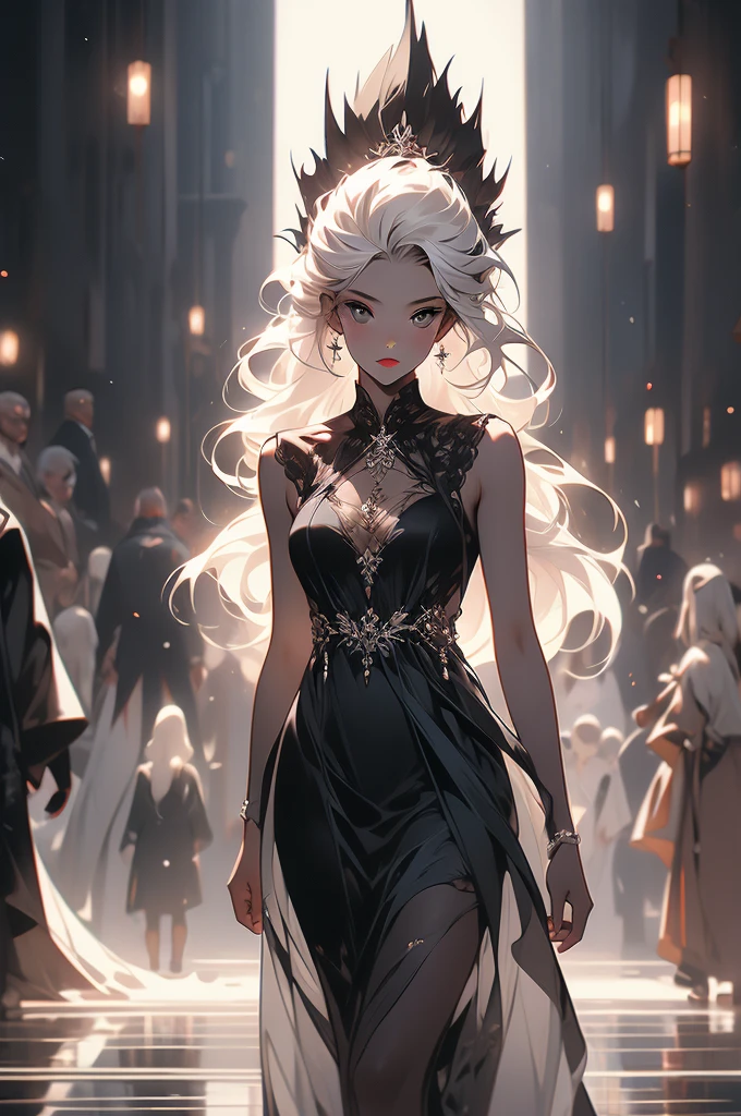 1 girl, black dress, black skin, abyss, darkness, walking, graceful, white hair