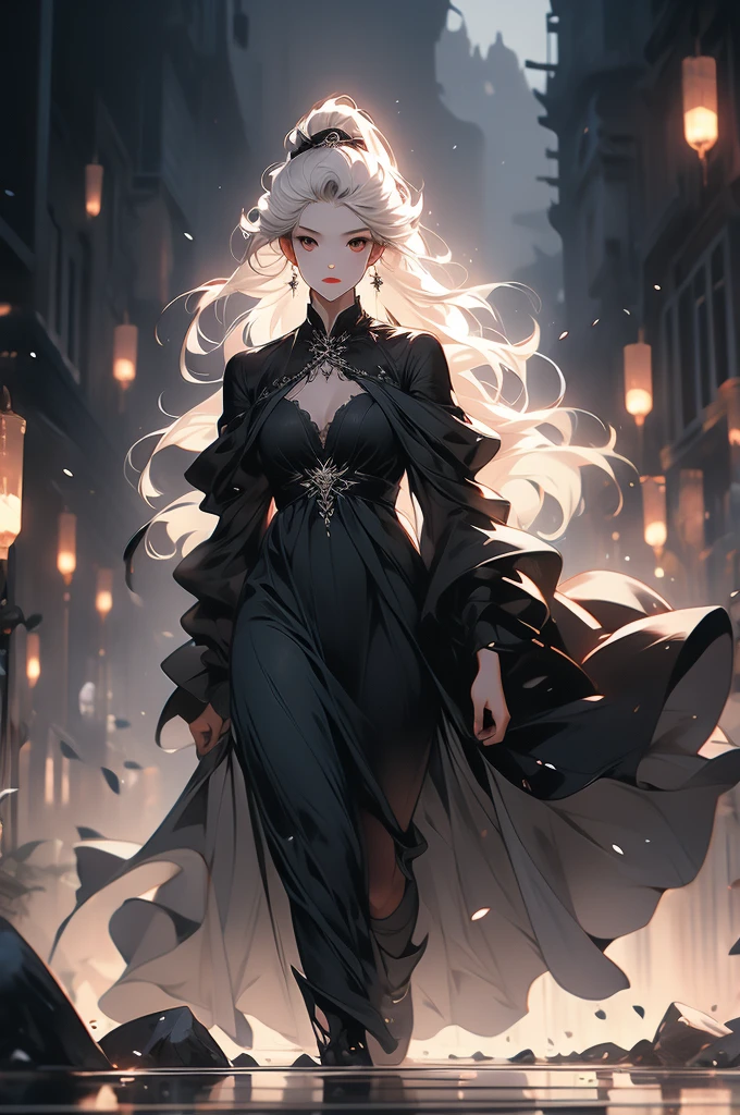 1 girl, black dress, black skin, abyss, darkness, walking, graceful, white hair