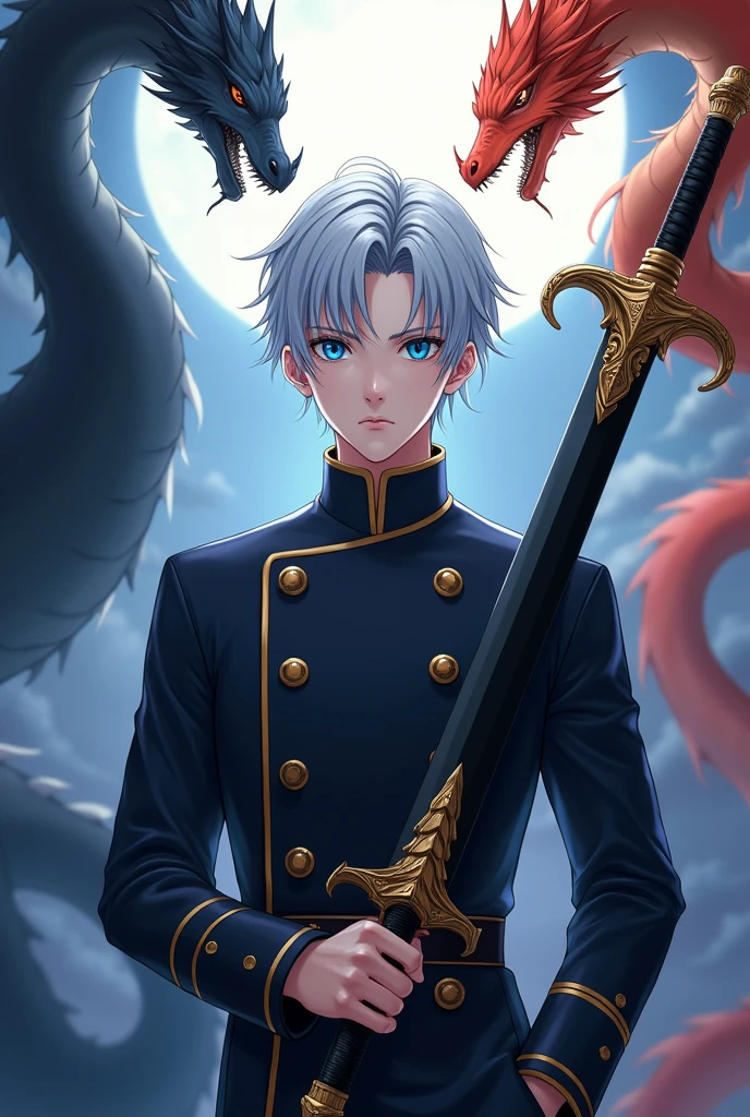 Short_silver_hair, hair_back_side, small_bangs_on the sides, 1young_man, really_sky_blue_eyes, beautiful_and_detailed_eyes, serious_face, dress, noble_uniform, holding_a_black_sword_with_golden_dragon_handle, left_hand_inside_pocket, black_pants, detailed_hands, with_real_like_dragons_black_dragon, fire_dragon, white_dragon, background_Moonlight, better_quality, HD_quality